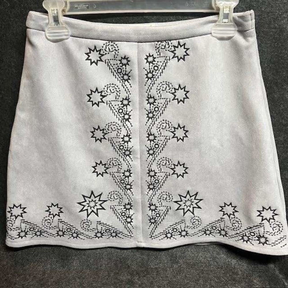 Womens A-Line Mini‎ Skirt Gray Faux Suede Star Embroidered Casual Party